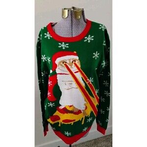 Ugly Christmas Sweater Cat Pizza Laser Eye Sz M Humor Holiday Party Unisex